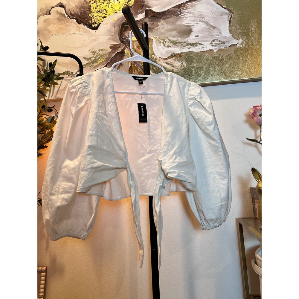 Linen Blend Express Womens Cream Tie Front Puff Sleeve Crop Top Large NEW - Picture 3 of 7